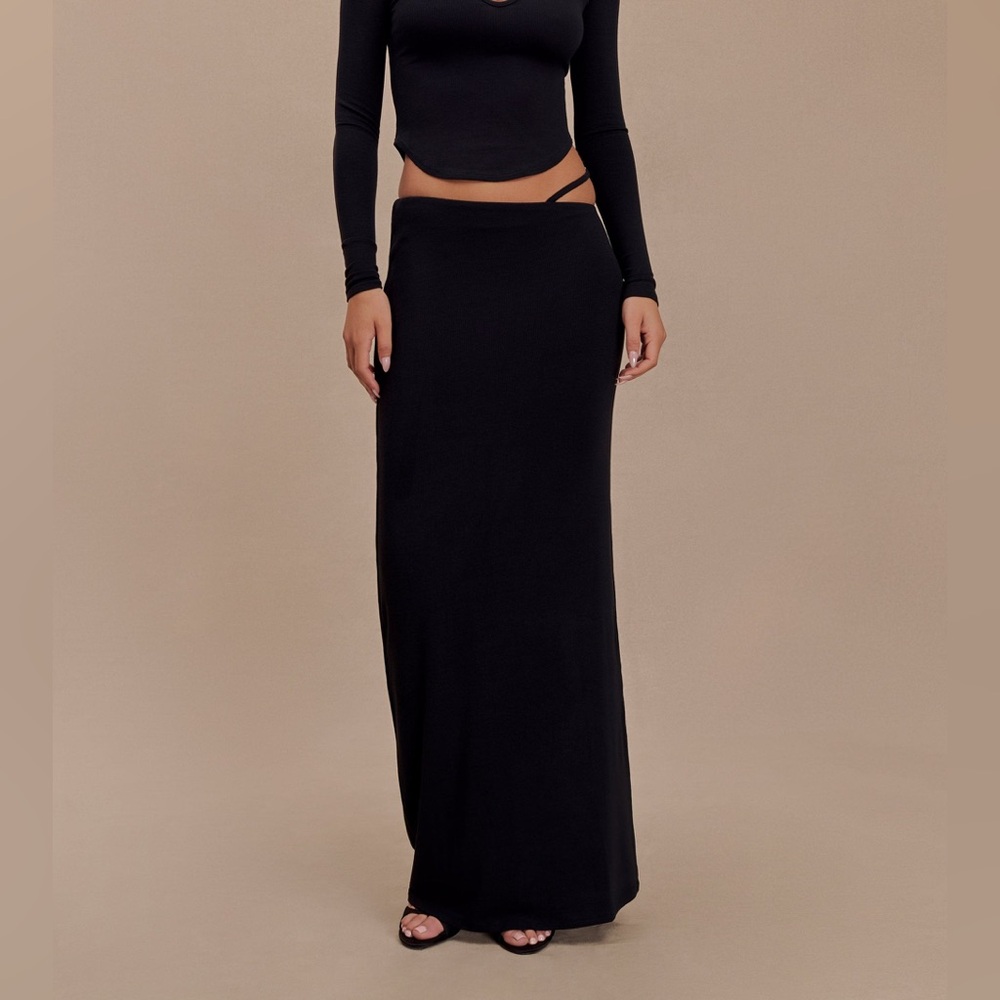 NWT Meshki Natalia Modal Buckle Maxi Skirt Black Pull On Stretchy XS/SMALL